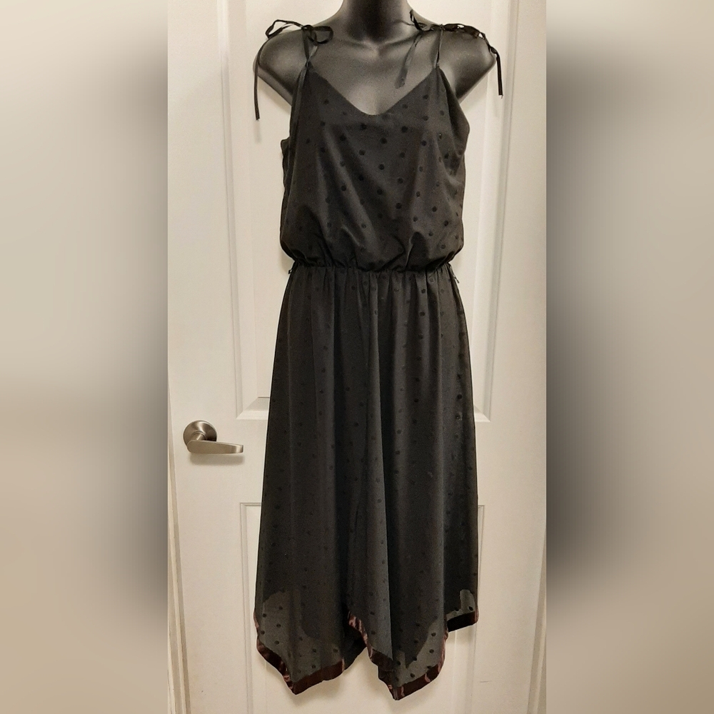 Vtg Passport to Fairweather Black Dress Polka Dot Lined Top M/L Handkerchief Hem